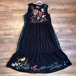 Johnny Was Dress Black Embroidered Sleeveless Midi Bird & Floral Boho 2X